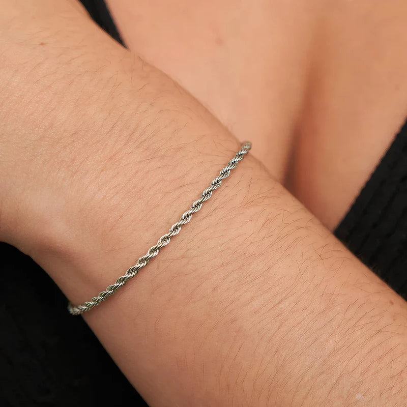 Twisted Rope Chain Bracelet for Men & Women Silver Color Stainless Steel Jewelry