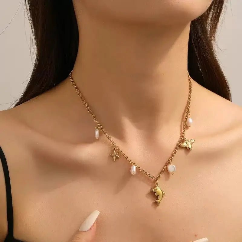 Ocean-Inspired Pearl Shell Starfish Sun Charm Necklace for Women – Gold Plated Handmade Jewelry