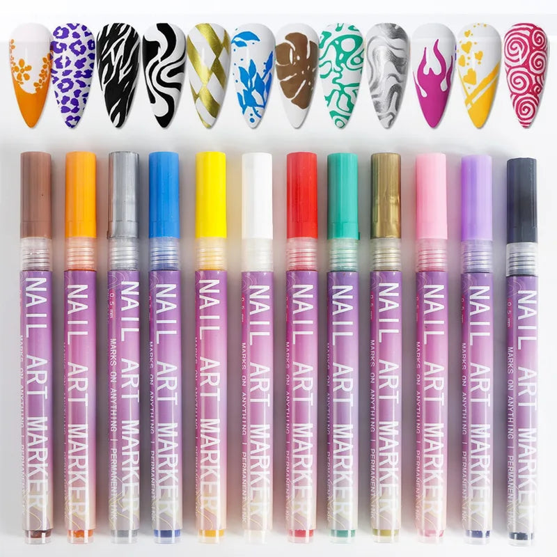 12 Colors Acrylic Nail Art Pen Set - Waterproof Quick Dry DIY Manicure Markers