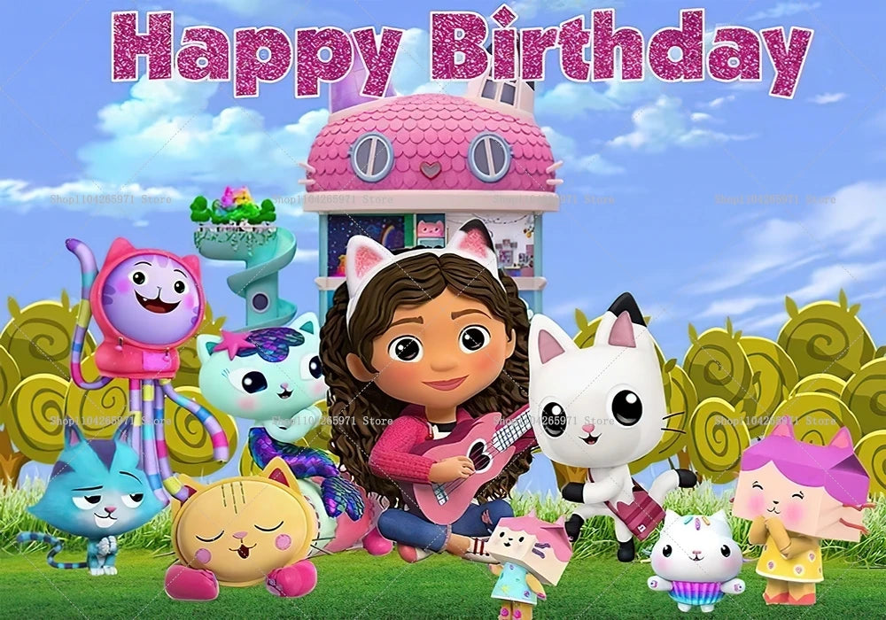 Cartoon Gabby Dollhouse Photo Backdrop for Birthday Party & Baby Shower Decor