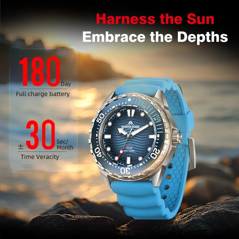 Men's Solar Powered Dive Watch 300M Waterproof Digital Watch with Stainless Steel Case