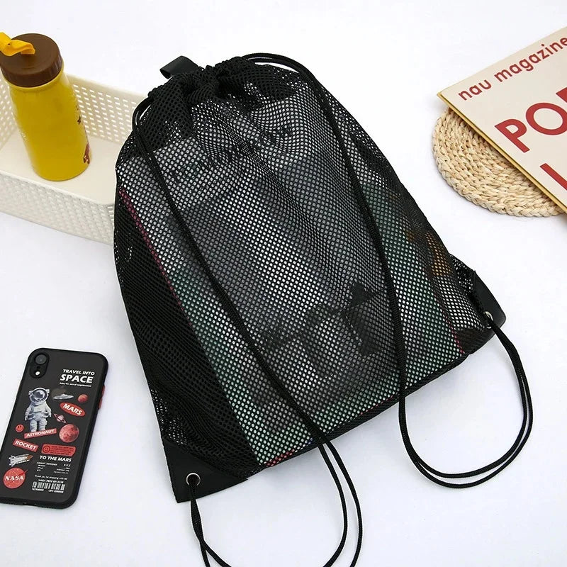 Heavy Duty Mesh Drawstring Bag for Sports, Gym & Travel - Black