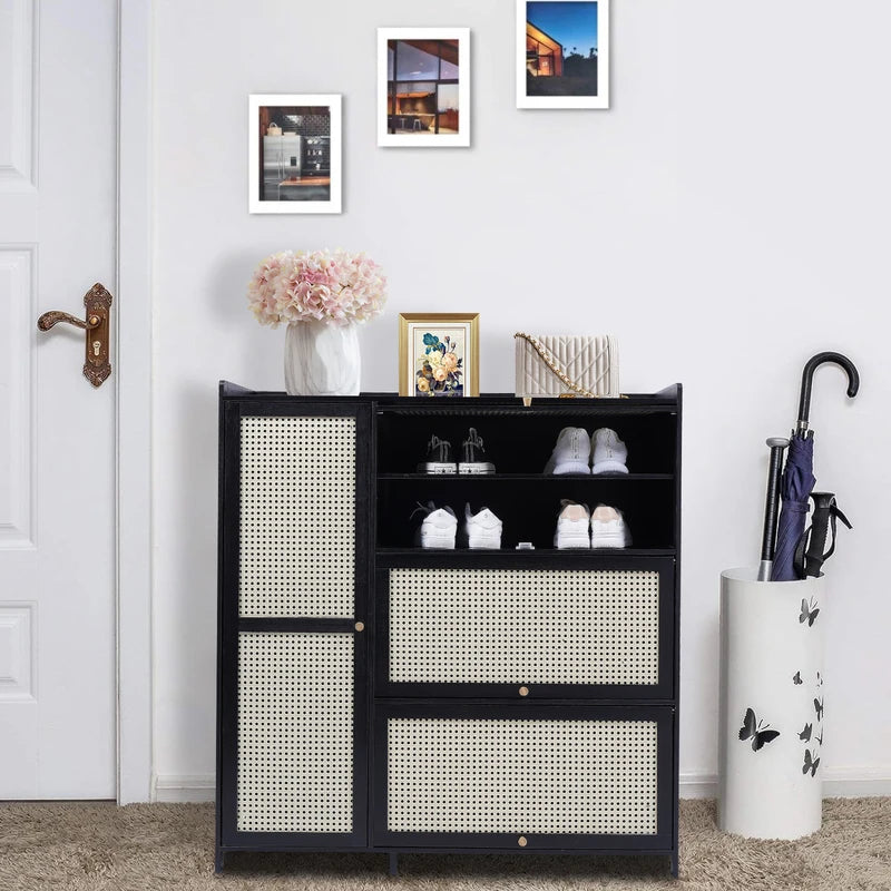 Bamboo Shoe Cabinet with Mesh Ventilation and Space Saving Doors - Entryway Organizer