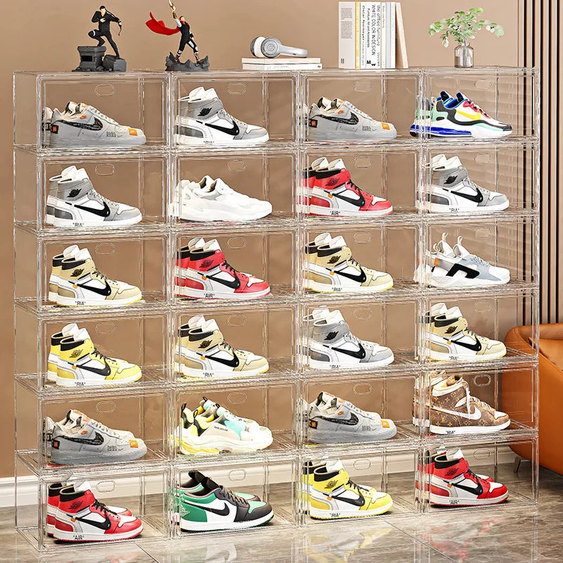 Large Transparent Sneaker Organizer Box with Magnetic Closure - Stackable Shoe Storage