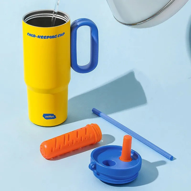 750ML Stainless Steel Vacuum Insulated Water Bottle with Straw & Handle - Outdoor Travel Coffee Cup