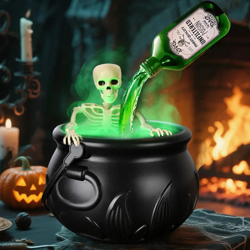 Halloween Witch Cauldron with LED Light & Fog Effect – Spooky Skeleton Decor