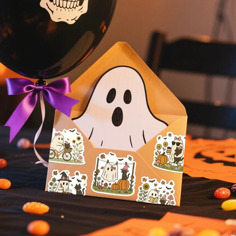 48PCS Cartoon Ghost Flower Stickers Halloween Party Decorations Water Bottle Laptop Diary