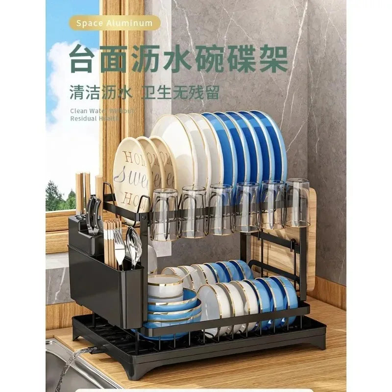 Multifunctional Double-Layer Dish Rack for Kitchen Tableware Storage