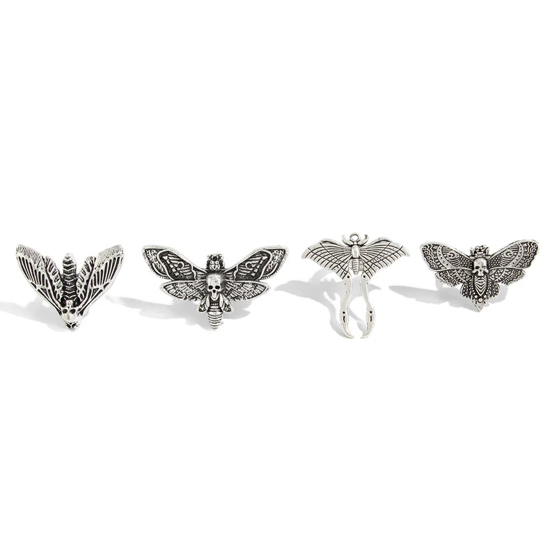 4-Piece Gothic Butterfly Skull Open Ring Set for Women Punk Jewelry Halloween Accessories Gift