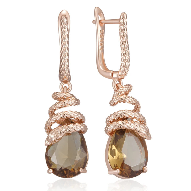 Unique Brown Zircon Snake Dangle Earrings for Women - Rose Gold Plated Jewelry