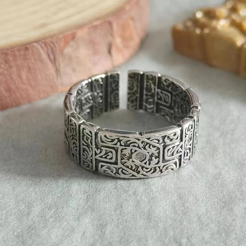 Retro Grass Pattern Ring for Men Unisex Punk Gothic Handmade Silver Jewelry