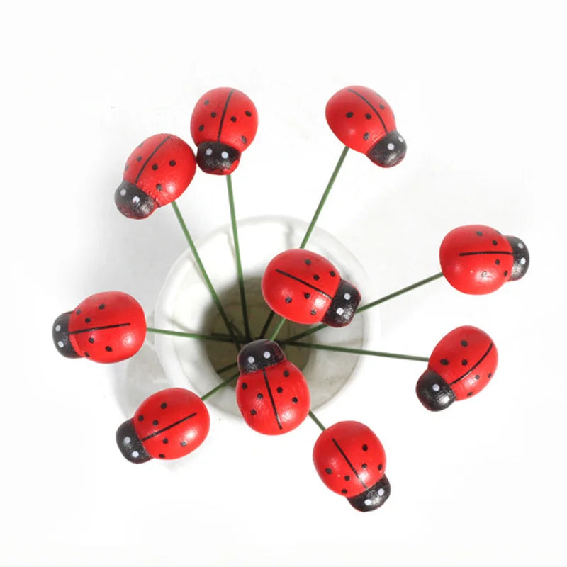 Wooden Ladybug Garden Stakes Set 10pcs Outdoor Yard Decor Easter Festival