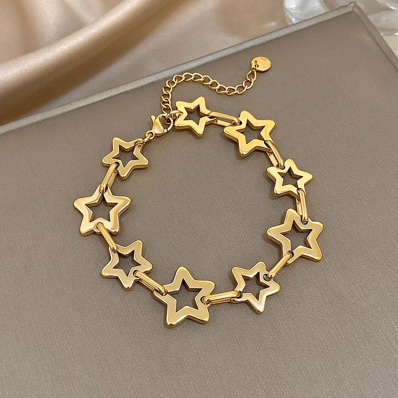 Fashion Stainless Steel Gold Silver Color Bracelet for Women with Hollow Star Link Chain Waterproof Jewelry Gift
