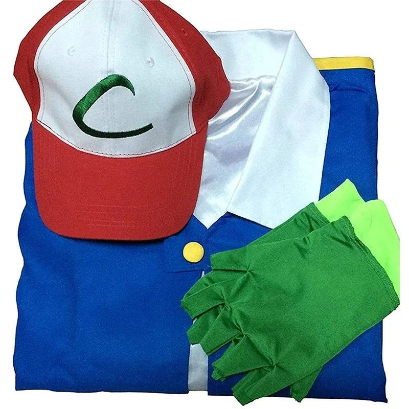 Anime Ash Ketchum Cosplay Costume Set for Kids & Adults - Blue Jacket Cap Gloves