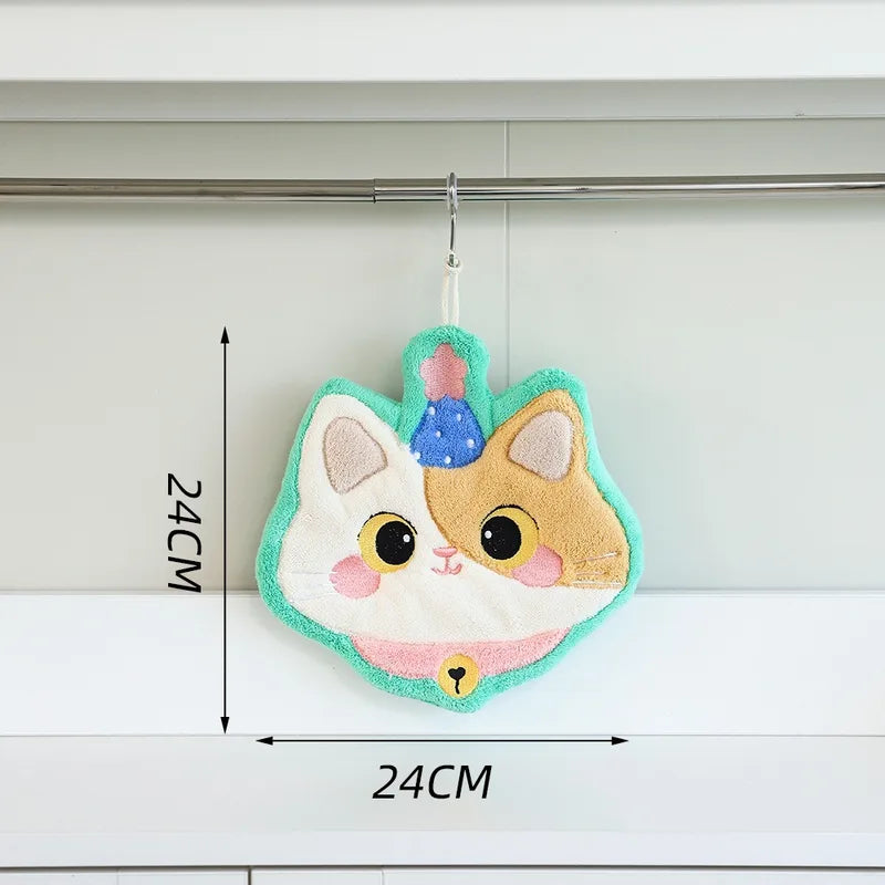 Cute Cat Hand Towel Coral Fleece Absorbent Bathroom Kitchen Washcloth