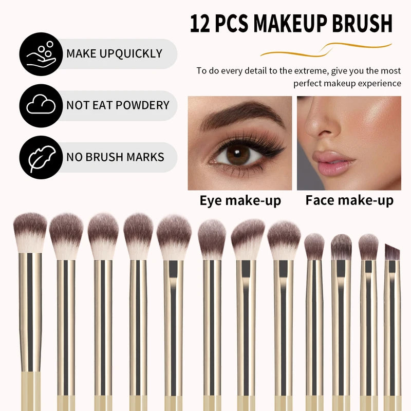 12Pcs Eye Makeup Brush Set with Synthetic Hair - Blending, Shader, Angled & Liner Brushes