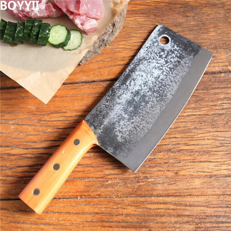 Forged Chef Knife with Wooden Handle and Copper Rivets - High-Carbon Steel Slicing Knife