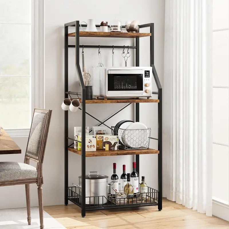 4-Tier Metal Floor Rack with Hooks Multi-Purpose Kitchen & Home Storage Shelf
