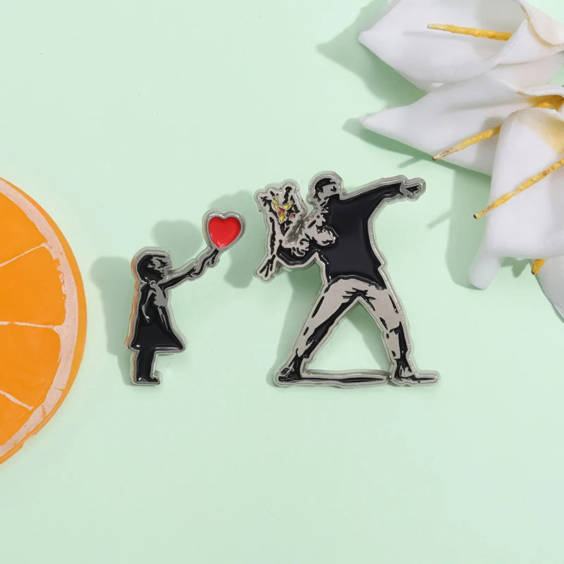 Banksy Art Design Brooch Enamel Pin with Flower Thrower & Girl Badge - Jewelry Gift
