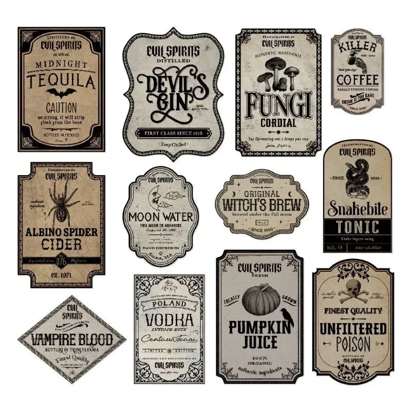 12-Pack Halloween Potion Wine Bottle Labels - Spooky Apothecary Stickers for Haunted House Decor