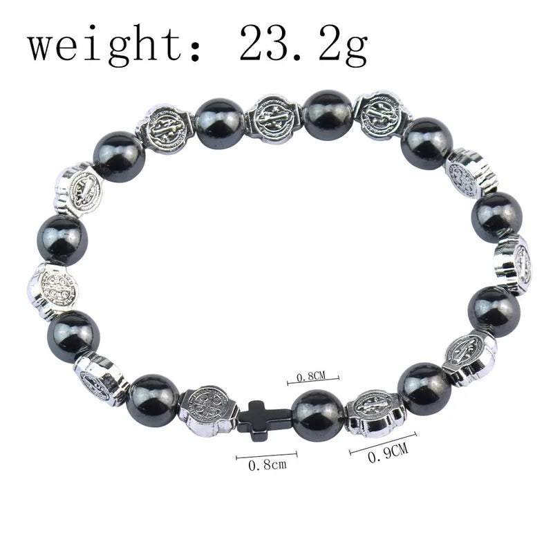 Catholic Rosary Bracelet with St. Benedict Medal Cross Prayer Jewelry Hematite Beads