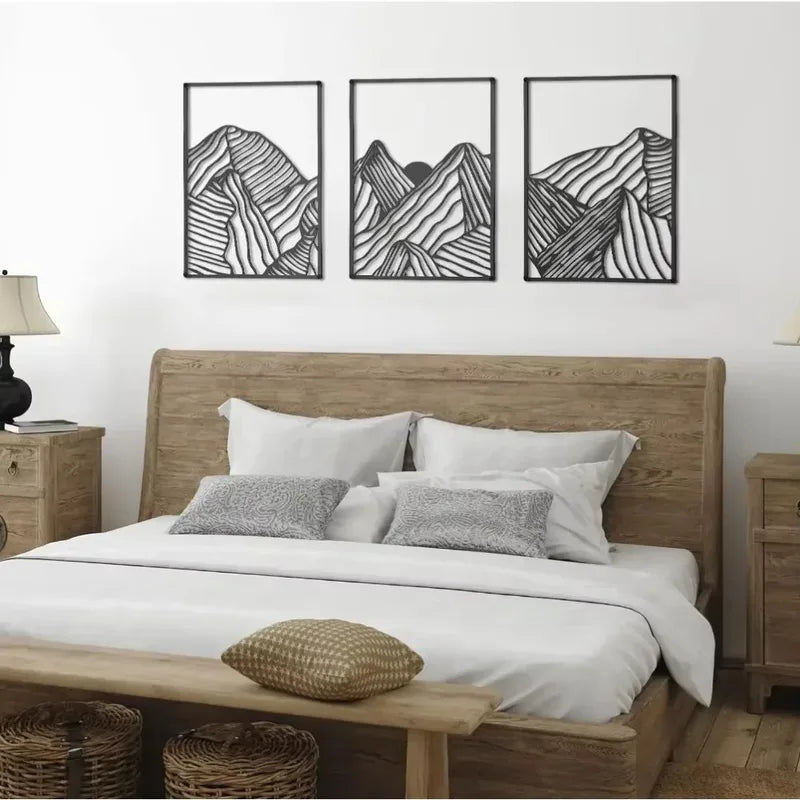 Metal Wall Art 3-Piece Abstract Mountain Line Sculpture Rustic Iron Decor