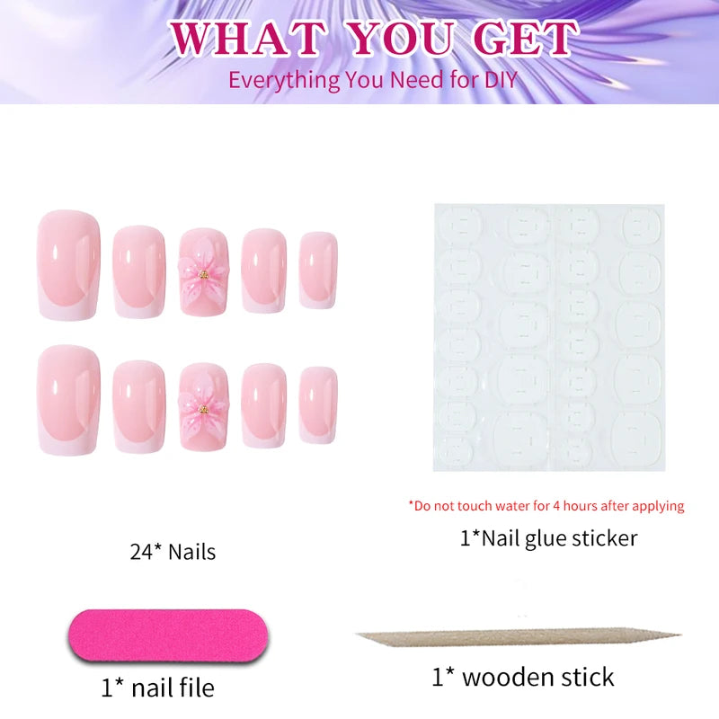 24PCS Short Square 3D Gel Flower French Pressing Nails Set - Easy to Wear & Remove