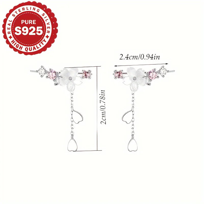 Sterling Silver Sakura Tassel Earrings - Elegant Korean Style Jewelry, Allergy-Free