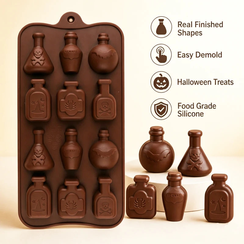 Halloween Witch Magic Potion Bottle Silicone Mold with Skull Bat Patterns for Resin and Chocolate Crafts