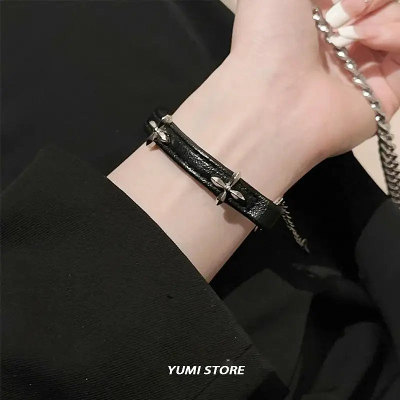 Vintage Cross Flower Leather Bracelet for Women Gothic Punk Adjustable Jewelry