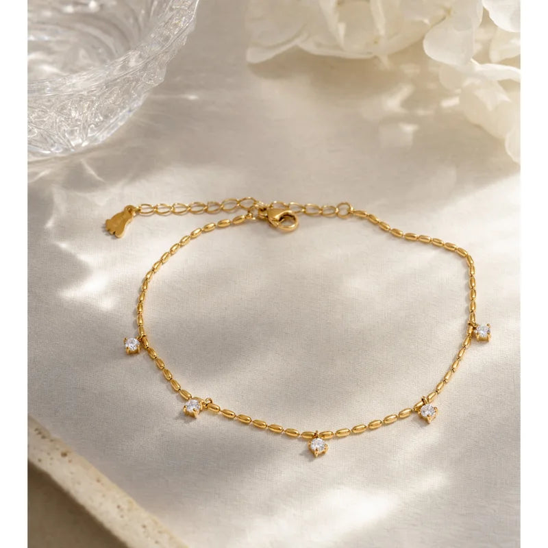 Stainless Steel Chain Anklet for Women Zirconia Drop Foot Jewelry Summer Beach Waterproof Accessory