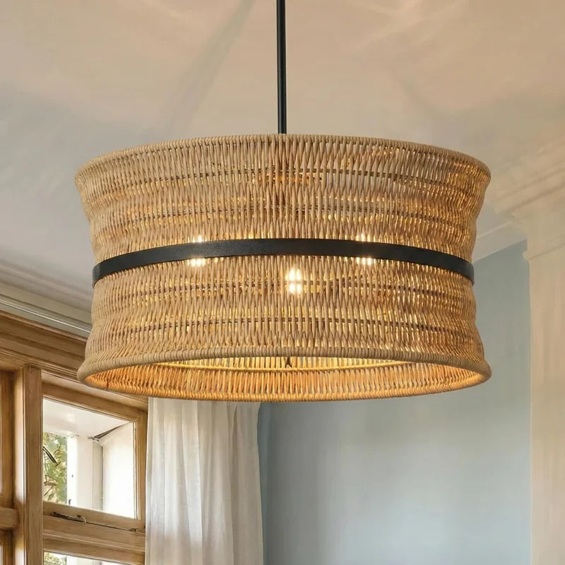 Wicker Boho Chandelier - 4-Light Rattan Pendant Light for Dining & Living