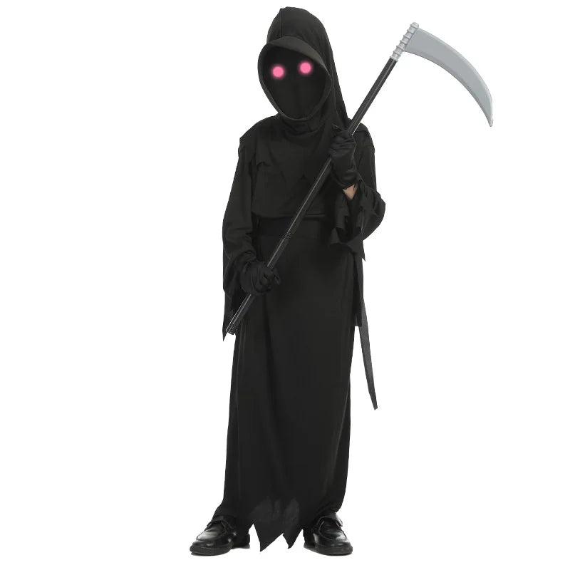 Halloween Grim Reaper Skeleton Costume for Children with Glowing Eyes & Scythe Props