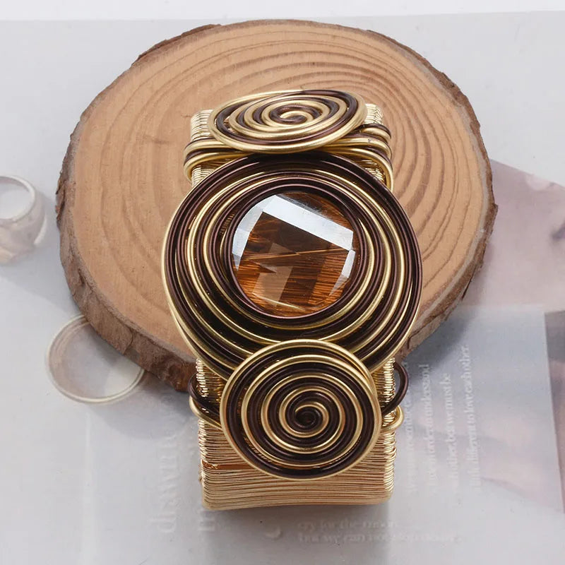 Heavy Metal Wire Winding Cuff Bangles for Women - Big Rhinestone Jewelry Gift