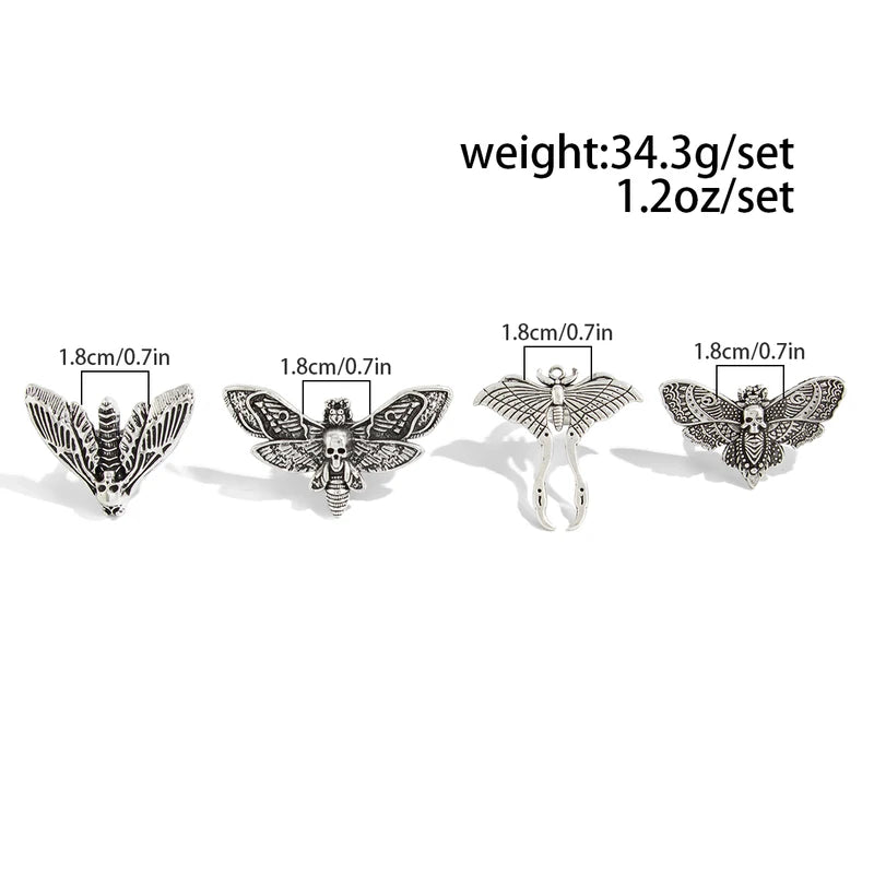 4-Piece Gothic Butterfly Skull Open Ring Set for Women Punk Jewelry Halloween Accessories Gift
