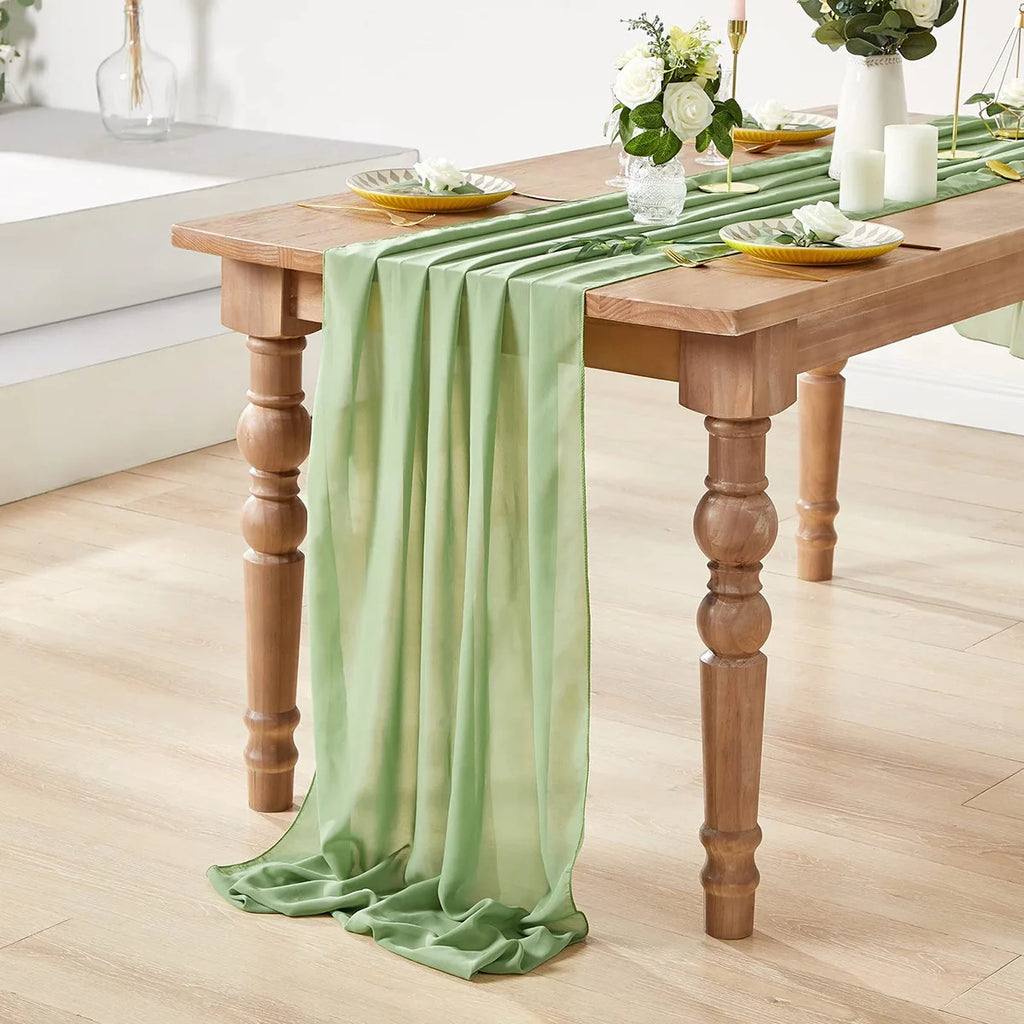 Elegant Sage Green Chiffon Wedding Table Runner - Vintage Gauze Design