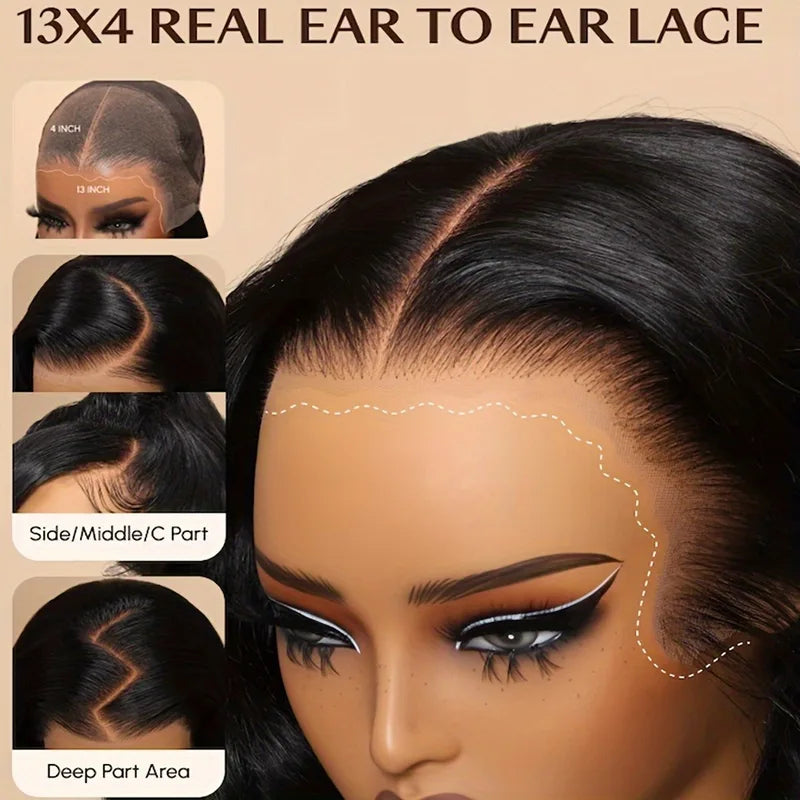 Glueless Human Hair Lace Front Wigs with Body Wave Texture - Pre Plucked, Bleached Knots, 13x4 & 13x6 HD Lace, Natural Black, Various Lengths & Densities