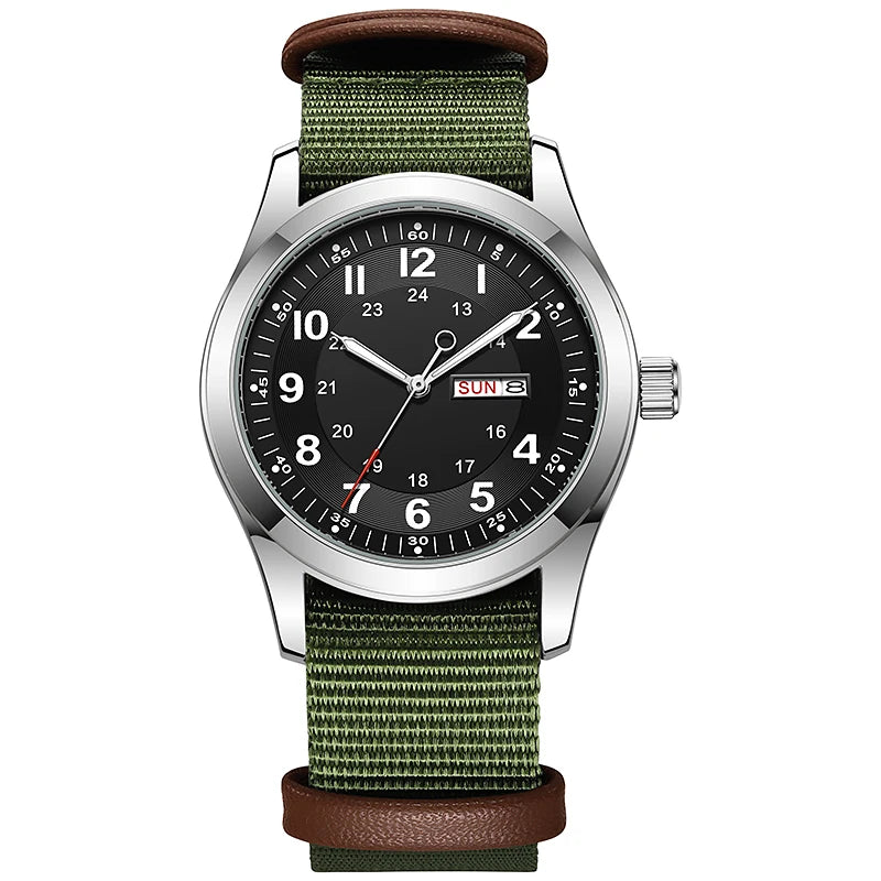 42mm Field Watch with Luminous Dial, Day Date, Water-Resistant Canvas Strap