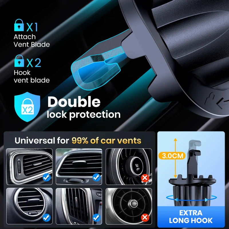 Car Phone Holder Mount for Air Vents - Adjustable 360° Rotation, Metal Hook, Universal Compatibility