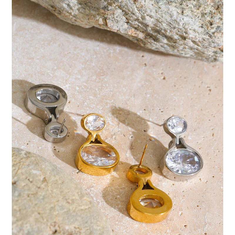 Stainless Steel Drop Earrings with Cubic Zirconia - Dainty Round Jewelry for Daily Wear