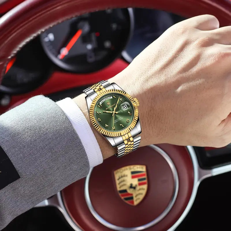Men's Waterproof Stainless Steel Quartz Wristwatch with Date and Week Display