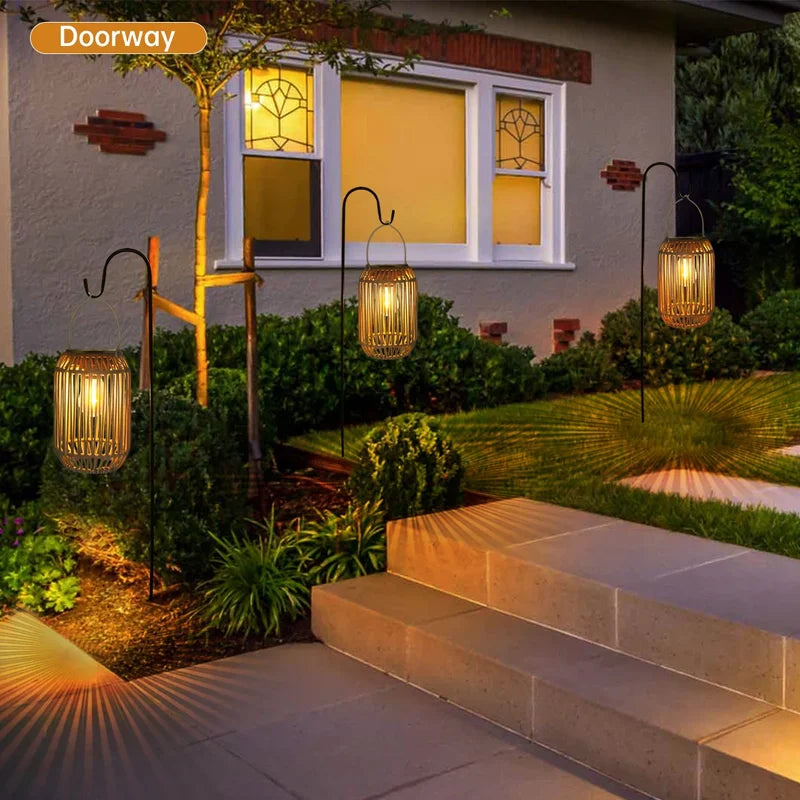 Outdoor Solar Lanterns Boho Rattan Hanging Lights for Garden Patio Yard