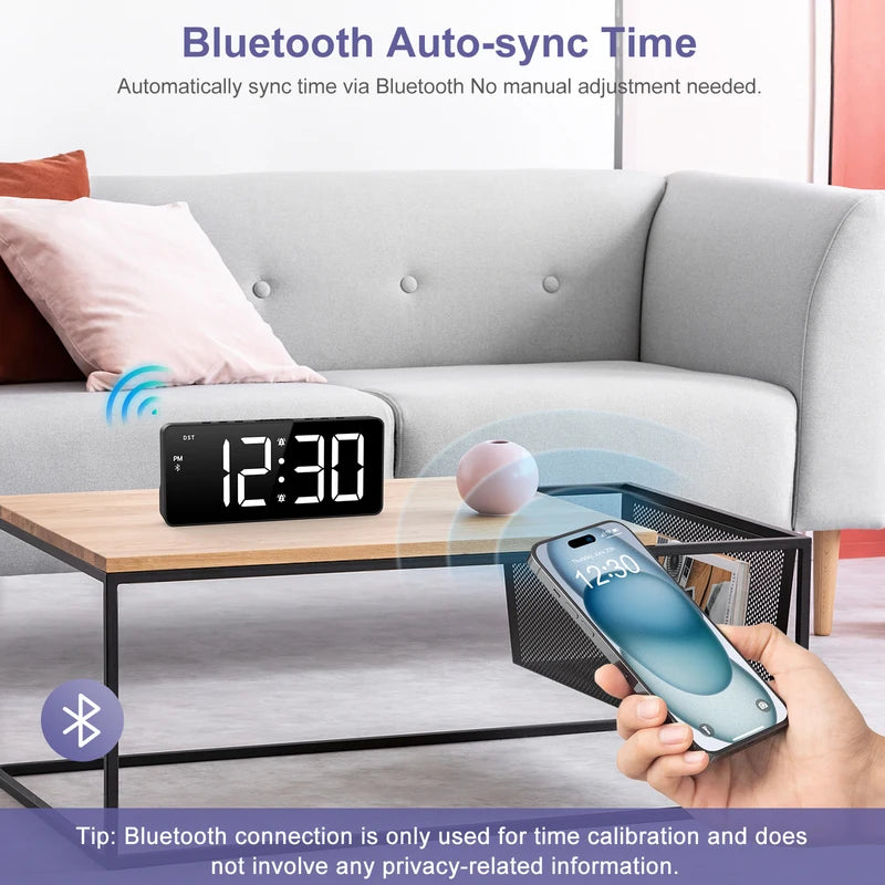 7-Inch LED Alarm Clock with Bluetooth, Dual Alarms & Brightness Control