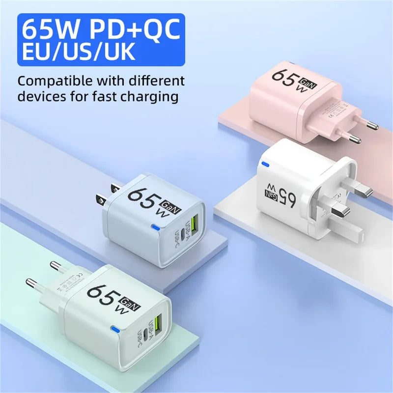 GaN 65W Fast USB-C Charger with Dual Ports, Universal Compatibility, Compact & Travel-Friendly