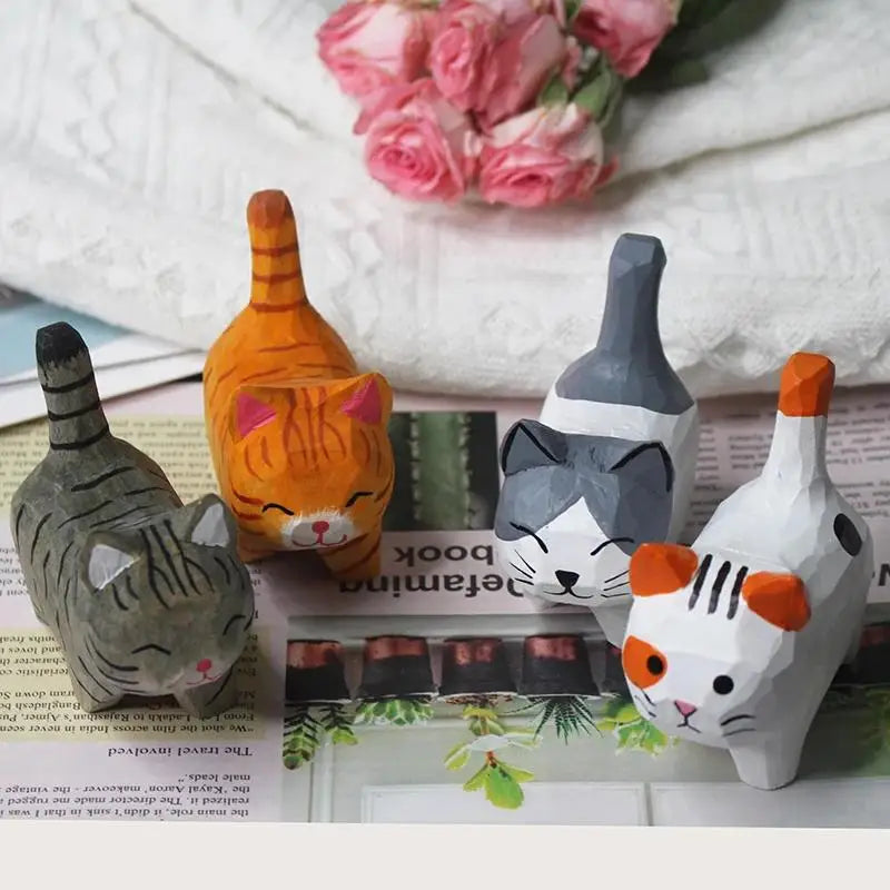 Wood Carving Kitten Ornament - Handmade Small Animal Desktop Decoration