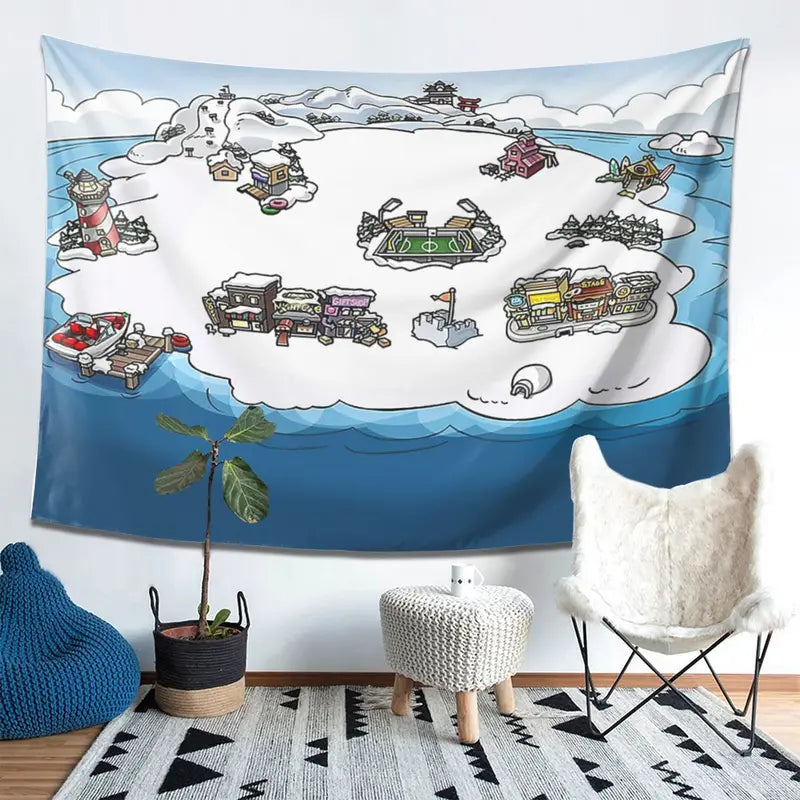 Club Penguin Map Wall Tapestry Decor for Living Room Bedroom Home Wall Hanging
