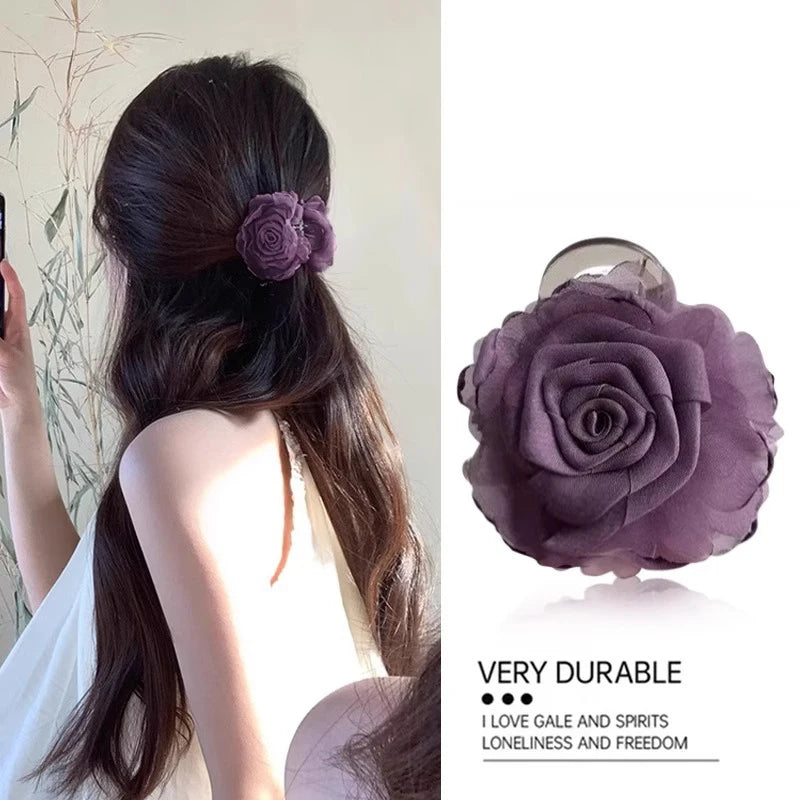 Elegant Rose Flower Hair Claw for Women Girls Floral Hair Accessory - 8cm