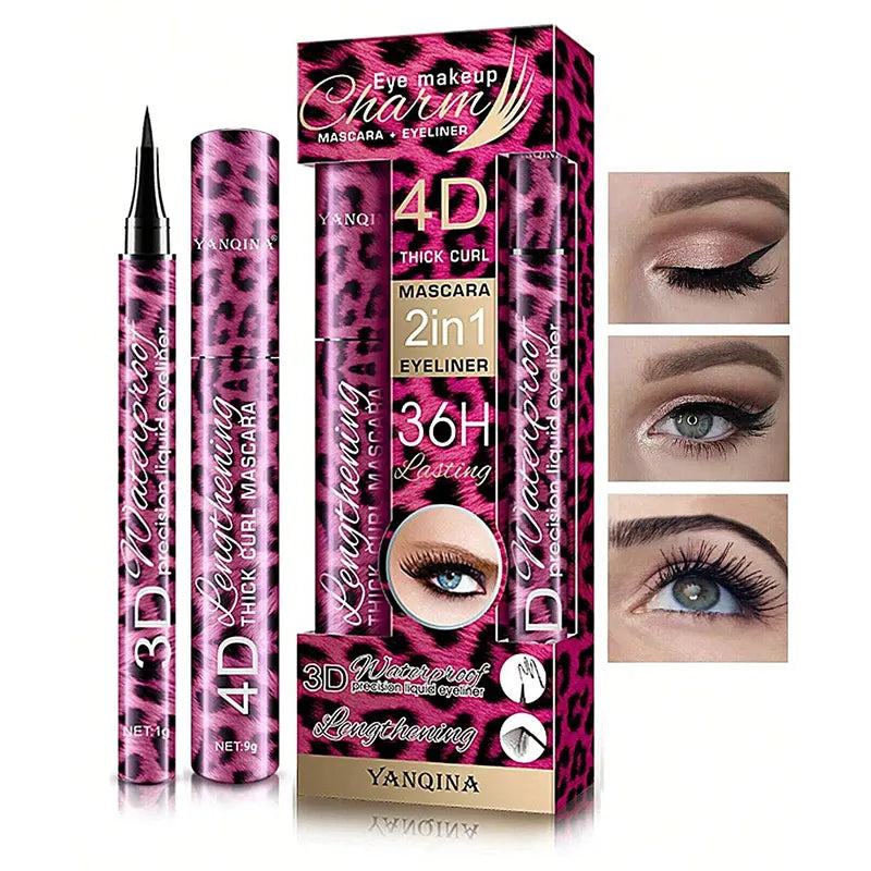Liquid Eyeliner Pencil & Waterproof Mascara Set - 4D Curling & Eyebrow Pencil