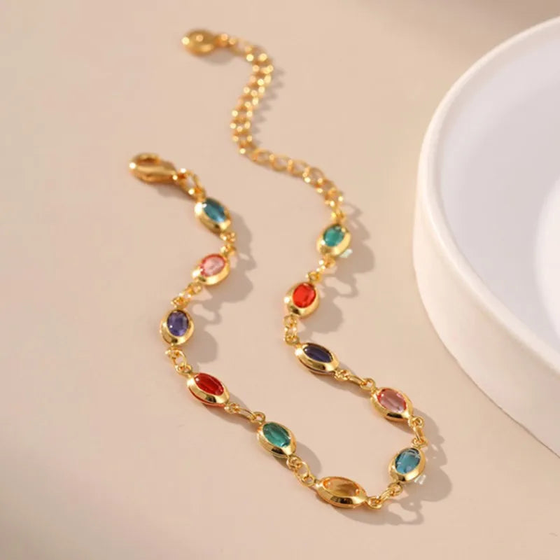 Colorful Rhinestone Beaded Bracelet for Women - Gold Plated Party Jewelry