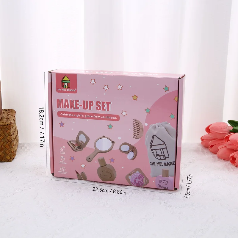 Kids' Pretend Makeup Toy Wooden Dress-Up Vanity Set with Makeup Bag for Girls